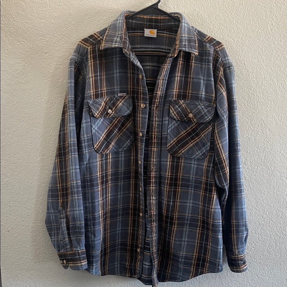 Carhartt Men's Blue and Brown Plaid Button Down Shirt